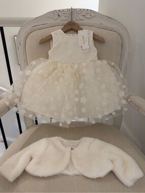 🦢 18 Mth Blueberi Boulevard White Embroidered Fancy Baby Dress & Fur Jacket NWT